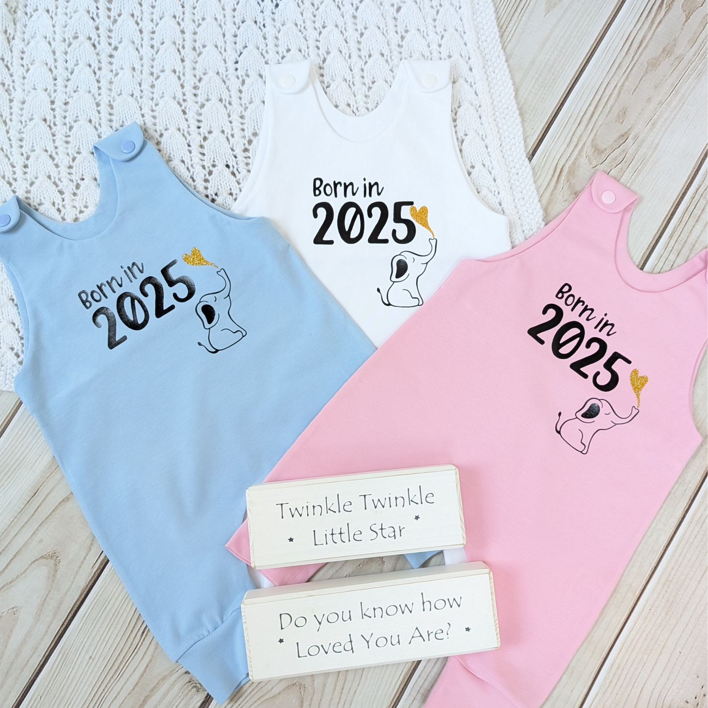 Flatlay-three-rompers-blue-white-pink-long-leg-romper-with-phrase-born-in-2025-on-front-along-with-cute-elephant-blowing-a-glitter-heart-bubble-blanket-pom-poms-wooden-blocks-for-props