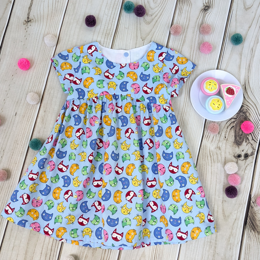 Flatlay-Rainbow-Cats-Blue-Background-Dress-Sewn-by-Sadie-Bee