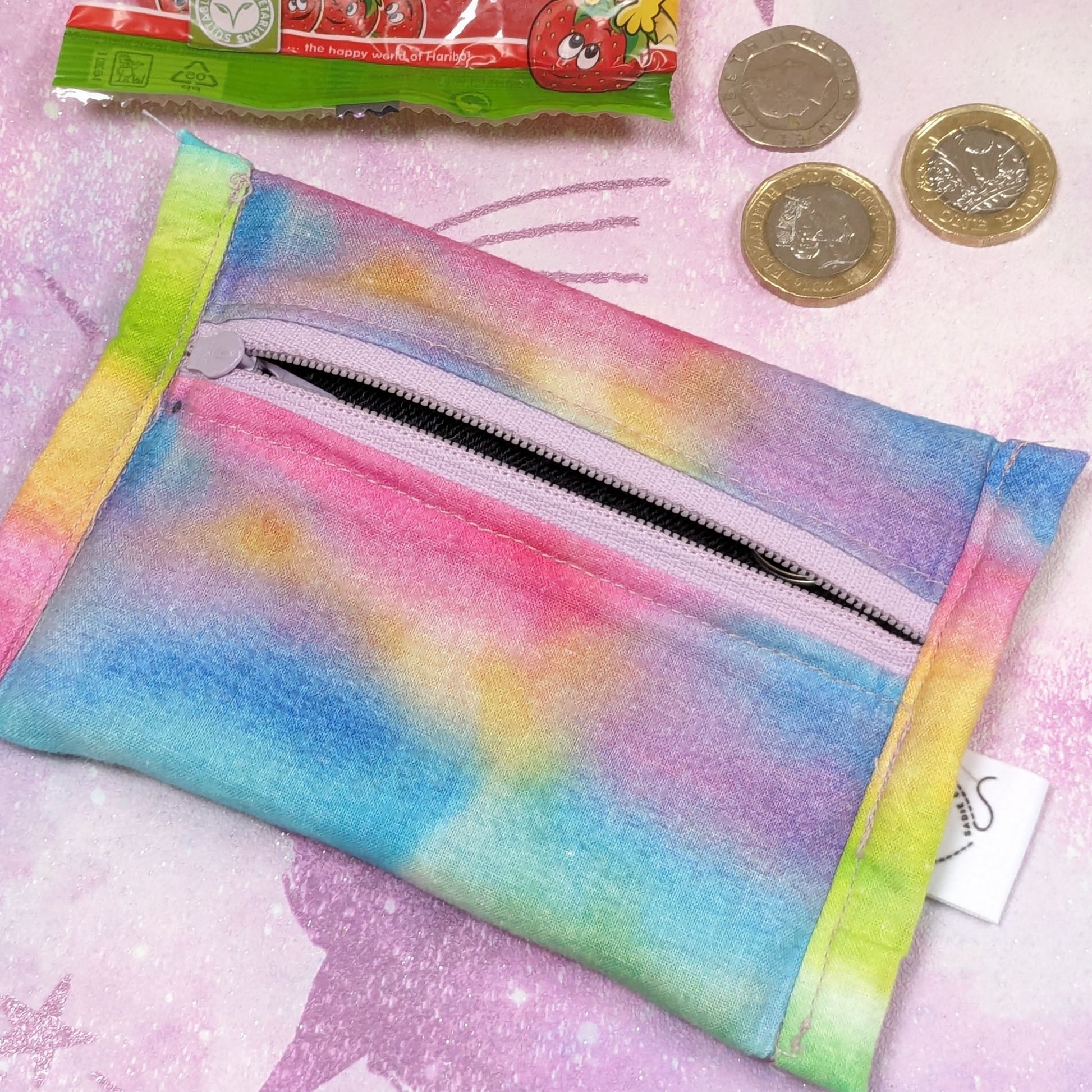 Upcycled-Denim-Coin-Purse-the-inside-tie-dyed-rainbow-fabric