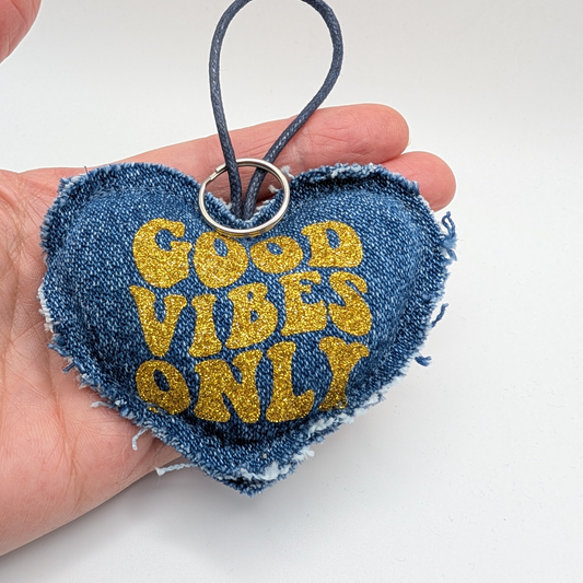 Upcycled Denim Heart Keyring - Good Vibes Only