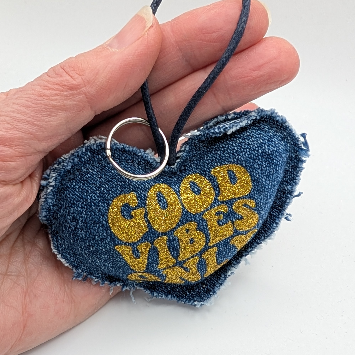 Upcycled Denim Heart Keyring - Good Vibes Only