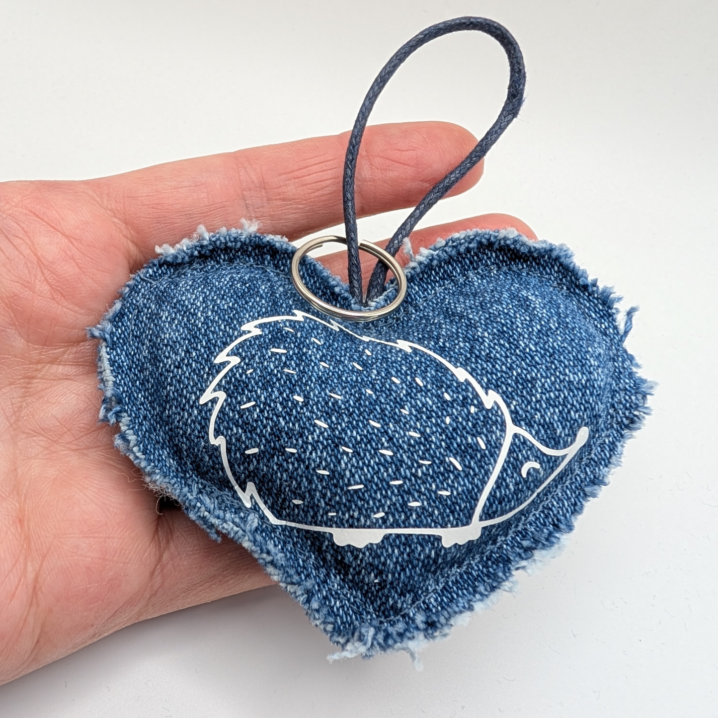 Upcycled Denim Heart Keyring - White Hedgehog