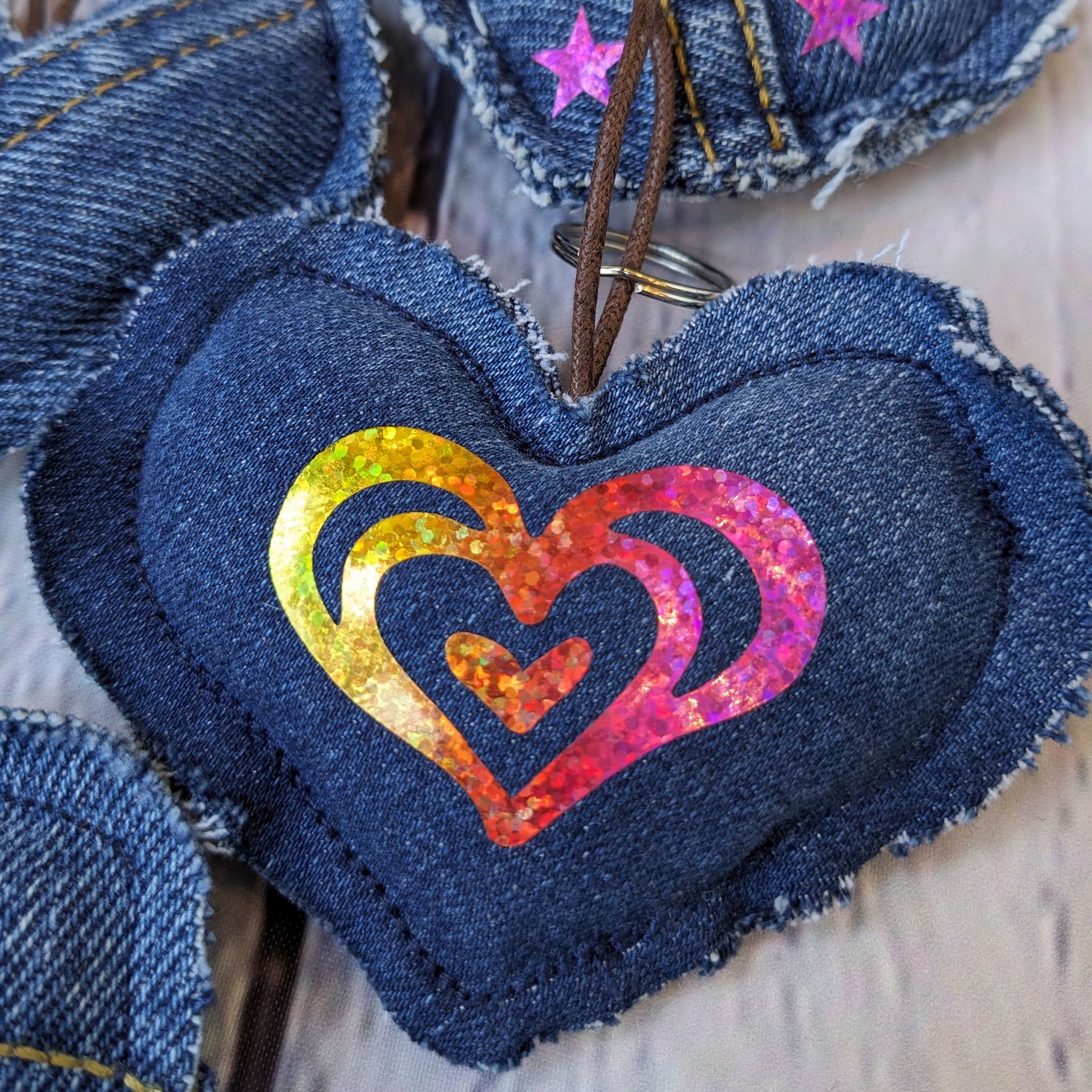 holographic-rainbow-heart-close-up-upcycled-denim-keychain