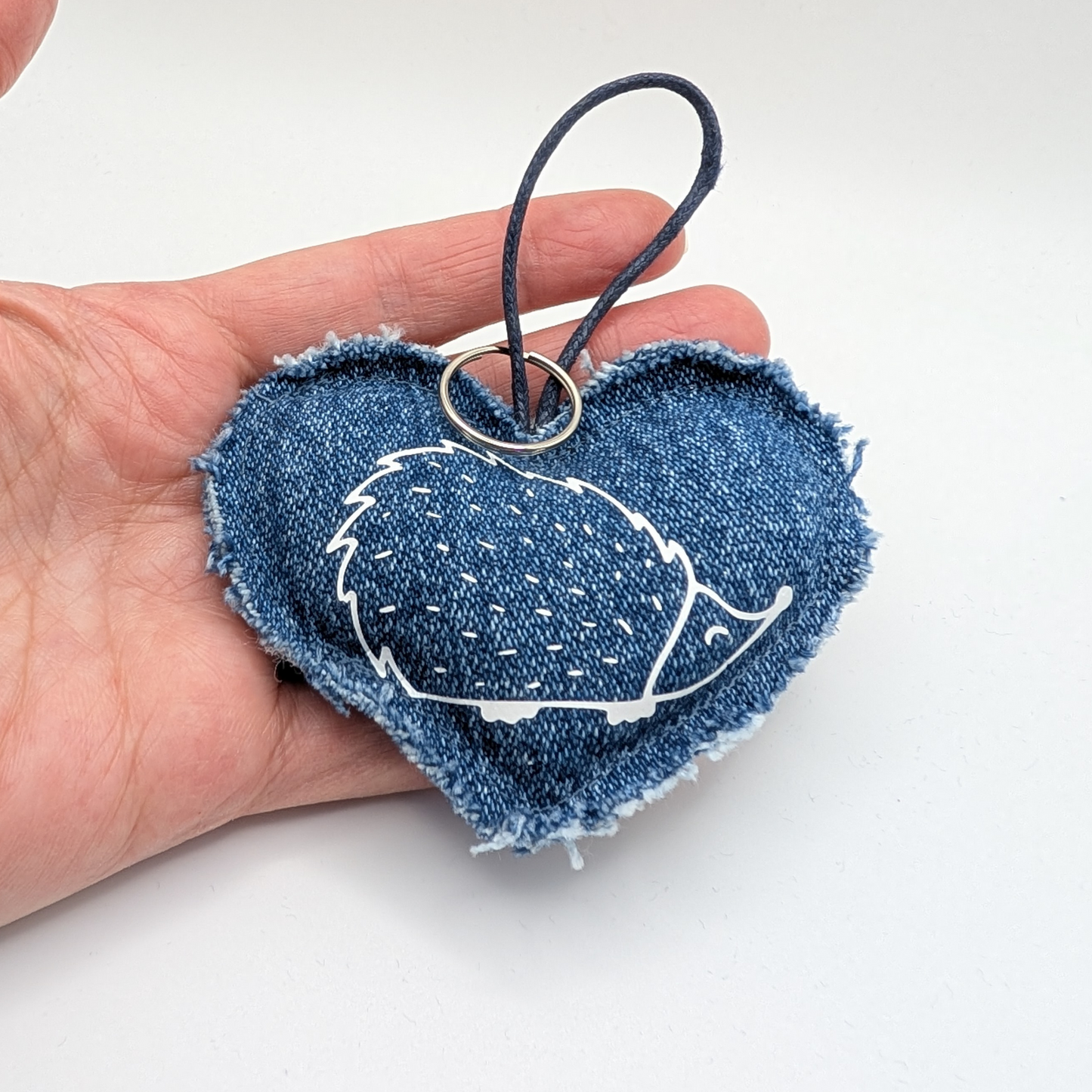 Upcycled Denim Heart Keyring - White Hedgehog